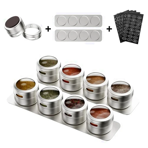 Vetacsion Set of 8 Magnetic Spice Tins with 2 Metal Wall-Plates,100 Preprinted Seasoning Label Stickers,2 Styles for 3 oz Herb Jars