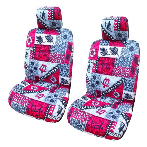 Winnie Fashion 2 Hawaiian Car Seat Covers w/Headrest Covers (Tapa Red/Gray, Side Airbag)
