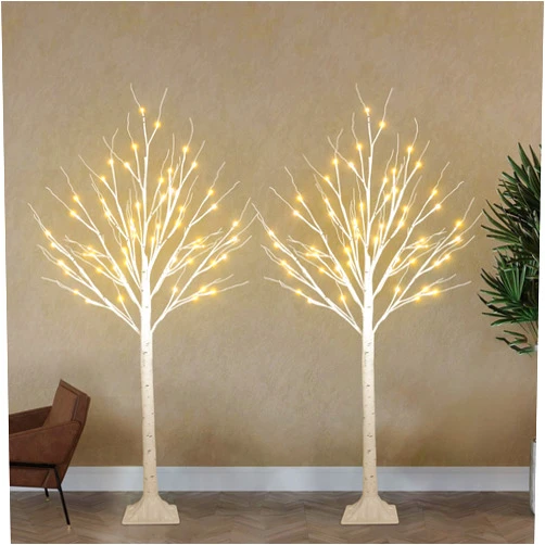 Albelt 2-Pack 4FT Lighted Birch Tree for Indoor Christmas Decorations Outdoor, Higher Size, Timer Function Birch Christmas Tree with 96 LED Warm White Lights for Home Decor Bedroom Thanksgiving Party Garden