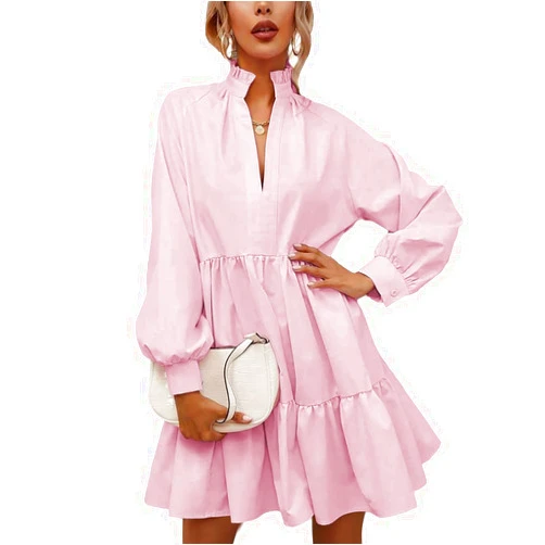 Rooscier Women's V Neck Lantern Long Sleeve Ruffle Babydoll Swing Mini Dress