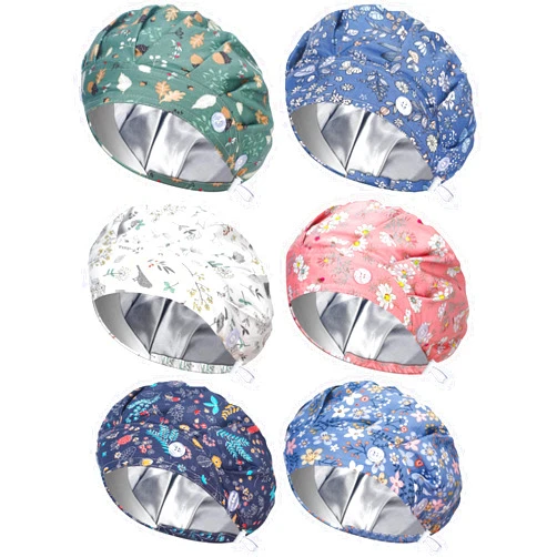 Floraltop 6 Pcs Satin Lined Scrub Caps Women Nurse Surgical Hat with Buttons Ponytail Working Adjustable Pouch Tie Back(Classic Style)