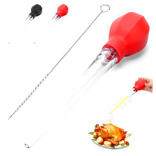 SCHVUBENR Large Turkey Baster with Cleaning Brush - Premium Baster Tool for Cooking - Easy to Use and Clean - Powerful Bulb Baster Syringe - Dishwasher Safe - Flavor Meat Poultry, Beef, Chicken(Red)