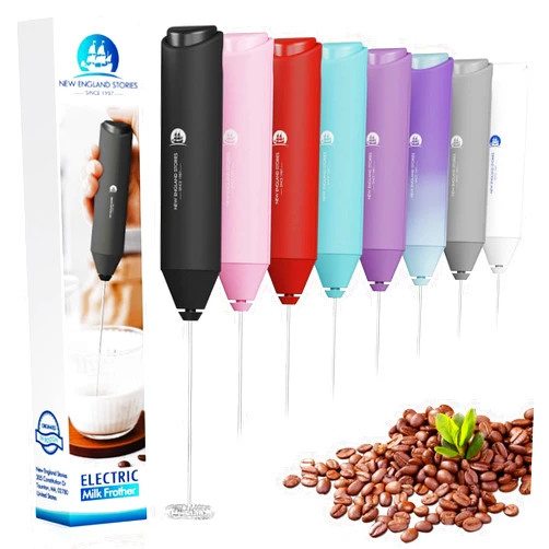 New England Stories Powerful Milk Frother Wand - Mini Handheld Milk Frother with Stainless Steel Whisk - Battery-Powered Drink Mixer for Coffee, Lattes, Cappuccinos, Matcha - Coffee Enthusiasts Gift - Black