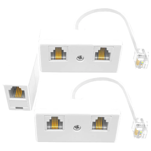 NECABLES 2+1Pack 2pcs Phone Jack Splitter 1 to 2 RJ11 6P4C 1 Male to 2 Females with 6in Pigtail and 1pc Phone Line Coupler for Landline and Fax White
