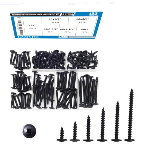 JEGONFRI #8 Modified Truss Head Black Wood Screws Assortment Kit, 132 pcs, Phillips Drive, Wood Screws, Screws, Screws Assortment, Screws Set, 6 Sizes (1/2”, 3/4”, 1”, 1-1/4”, 1-1/2”, 2”) (Black)