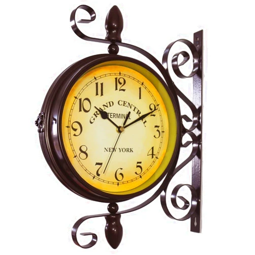 WOOCH Wrought Iron Antique-Look Brown Round Wall Hanging Double Sided Two Faces Retro Station Clock Round Chandelier Wall Hanging Clock with Scroll Wall Side Mount Home Décor Wall Clock 8-inch