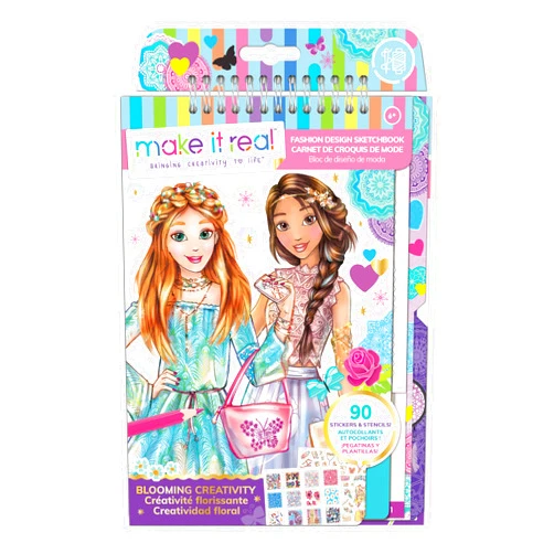 Make It Real Fashion Design Sketchbook Kit for Girls - Blooming Creativity Set with Stencils, Puffy Stickers, Design Guide - Unleash Fashion Talent, Develop Skills, for Kids Ages 6