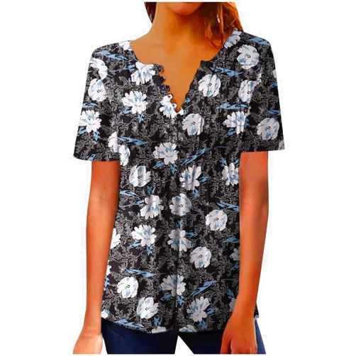 Generic Button Down Shirts for Women 2024 Vintage Floral Print Empire Waist Short Sleeve Blouse Summer Casual Dressy Boho Top