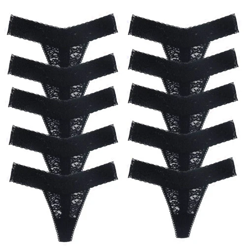 Delcroix Pack Of 10 Black Lace Women Thong Underwear Low Waist Sexy Cheeky Lingerie See-Through Panties Trim Plus Size