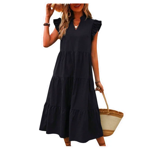 SweatyRocks Women's Cap Sleeve Ruffle Hem Long Dress V Neck High Waist Smock Dresses