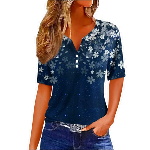 HTHLVMD Short Sleeve Shirts for Women Summer Tops 2025 Trendy Plus Size Casual Button Down V Neck Tunic Tops for Women