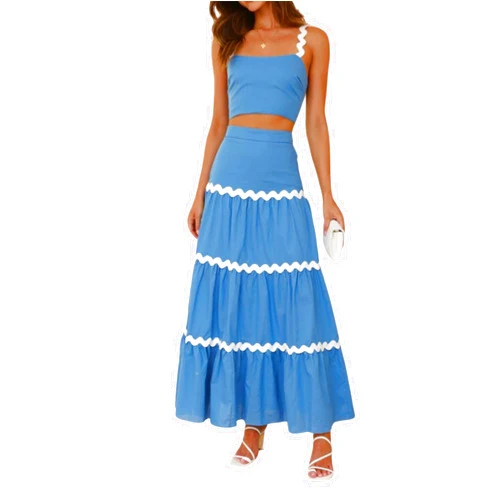 DMOYALA Womens Two Piece Summer Beach Outfits Rickrack Trim Dressy Sleeveless Cropped Tank Tops & Long Maxi Skirt Sets