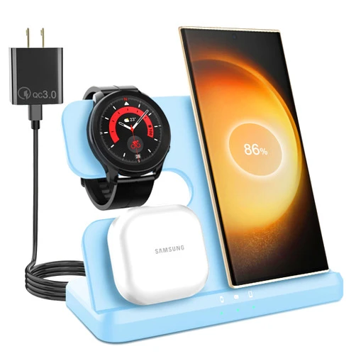 OVISBAI Charging station for Samsung,OVISBAI 3 in 1 wireless charger for Android Samsung Galaxy Z Fold5 /Z Flip5/S24 S23 Ultrl/S22 Ultra/S23/Z Fold 4/Flip 4/S22,Galaxy Watch 6/6 classic/5/5 Pro/4(Sky Blue)