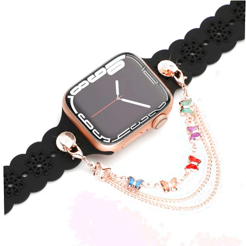 Wewatri Floral Silicone Band with Charms Stud Compatible with Apple Watch Bands 38mm 40mm 42mm 44mm 41mm 45mm 49mm Women, Slim Hollow-out Wristbands Sport Bands for iWatch Ultra SE Series 9 8 7 6 5 4 3 2 1