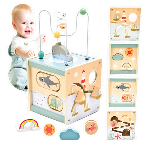 Atoylink Wooden Activity Cube for Toddlers 1-3, 5 in 1 Ocean Animal Shape Sorter Bead Maze Montessori Toys Baby 6-12 Months Educational Learning Toys for 1 Year Old Boy Girl Birthday Gift