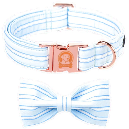 MR.CHUBBYFACE MR. CHUBBYFACE Macaron Striped Dog Collar with Bow Cute Blue Dog Collar Bowtie Spring Girl Boy Dog Collar for Small Medieum Large Dogs