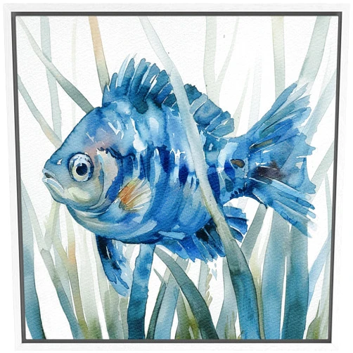 Color-Banner Framed Canvas Print Wall Art Majestic Blue Fish Aquatic Life Watercolor Modern Art Pastel for Living Room, Bedroom, Office - 16
