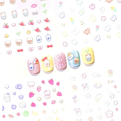 Okiyomi 4 Sheets of 3D Nail Stickers - 289 Cute Nail Stickers - Embossed Nail Stickers for Kids | Kawaii Nail Stickers - Butterfly, Flowers, Stars, Fruits, Bunny, Bears | Glow in The Dark Kids Nail Stickers