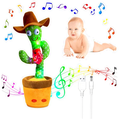 UMIKOOL DIRECT Dancing Cactus Repeats What You Say, Talking Sunny The Cactus Toy USB Charging, Dancing Lighting Recording Mimicking Cactus Toy Home Decoration Plush Toy for Kids (Cowboy)