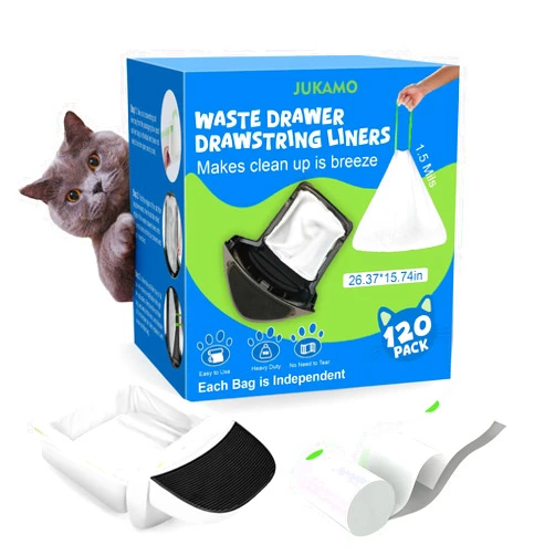 JUKAMO 120 Pack Litter Box Robot 3 and 4 Waste Bags, 1.5 Mils Thick Drawstrings Closure Cat Litter Box Bags Liners Compatible with Automatic Self-Cleaning Robot, Replacement Waste Drawer Liners