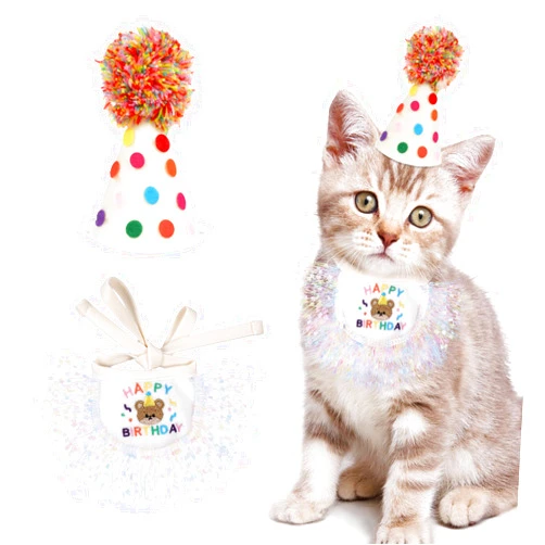 Bruislard Cat Birthday Hat and Bandana Scarf, Cat Birthday Outfit Party Hat Dog Costumes Cute Lace Puppy Bib Scarf Party Decorations Set for Small Medium Cats & Doggy