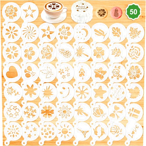 Konsait 50Pack Cake Stencil Templates Decoration, Reusable Cake Cookies Baking Painting Journal Mold Tools, Dessert, Coffee Decorating Molds Cappuccino Mousse Hot Chocolate for DIY Craft Decor