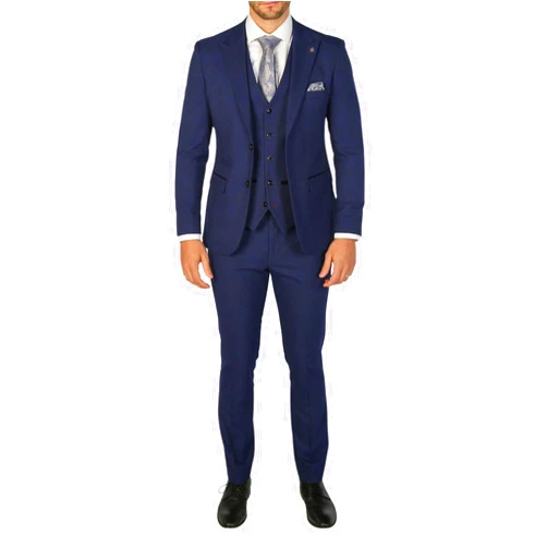 TruClothing Men's Suit Navy Blue 3 Piece Checked Tailored Fit Formal Dress