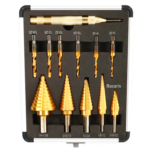 Rocaris 5 Pack Step Drill Bit Set & 6 Pack Tap Bit Set, 4241 Titanium Coated, 50 Sizes of High Speed Steel Step Drills for DIY Lovers Metalworking, Woodworking, Hole Drilling