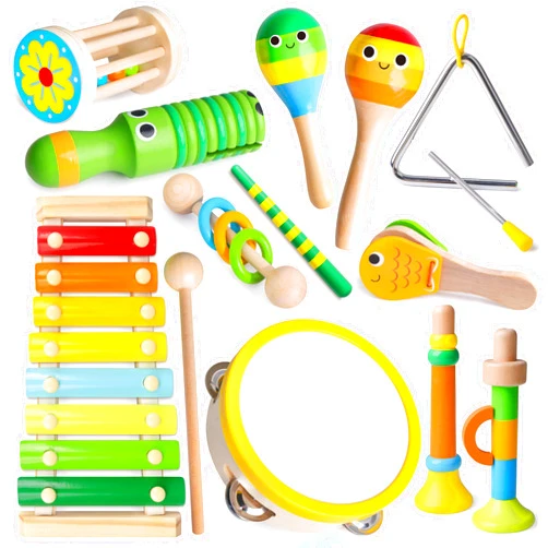 Coogam Wooden Musical Instruments for Toddlers, Tambourine Xylophone Castanet Flute Maracas Playset, Wood Percussion Rhythm Music Toy, Montessori Educational Learning Gift
