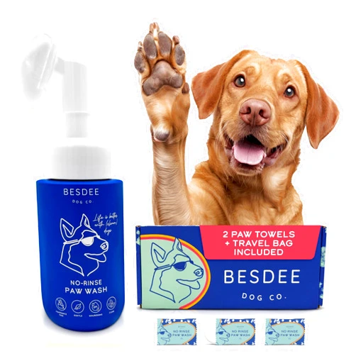 Besdee Dog Co. 3 Paw Wash Foaming Cleanser Tablets | Makes 25 oz. | No-Rinse | Gentle, pH balanced, and Fragrance-Free | Provides a Deep Clean | Safe for All Dogs | 2 Paw Towels and Travel Bag Included.