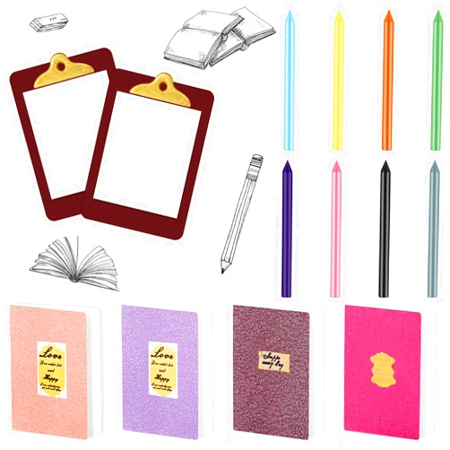Sumind 4 Pieces Miniature Books with 8 Pcs Pencils and 2 Pcs Clipboards Mini House Decoration Accessories Coloring House Play Set for Miniature Room, DIY Crafting(Novel Style)