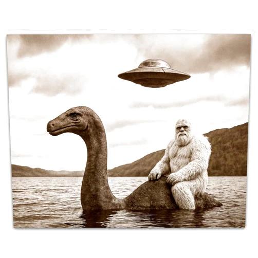 Lone Star Art Bigfoot Riding Loch Ness Monster 11x14 Unframed Print UFO Wall Art Cryptid Artwork Paranormal Fantasy Scene Retro Sepia Photograph Mythical Creatures Folklore Gothic Sci Fi Decoration