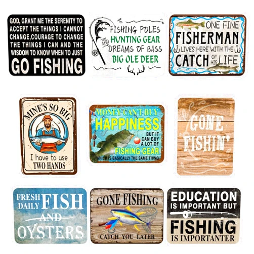 WERNNSAI Fishing Party Decorations - 9 PCS Gone Fishing Birthday Party Decorations for Boys - Fisherman Fish Theme - Vintage Wall Decor for Home Garden Yard