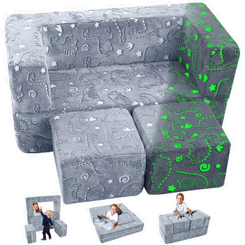 MeMoreCool Glow in The Dark Modular Dinosaur Sofa for Kids, Convertible Toddler Play Couch Furniture for Small Playroom, Grey
