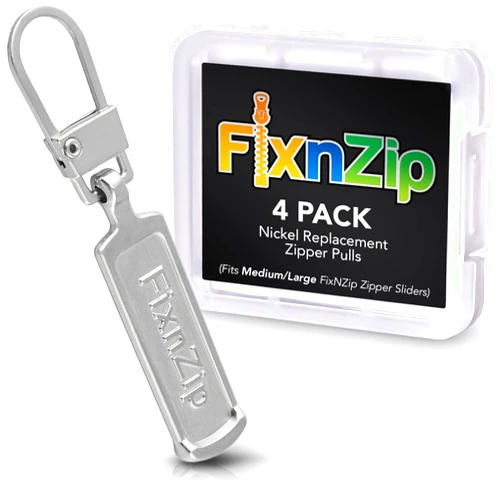 FixNZip Medium to Large Nickel Zipper Pull Replacements (4-Pack) | Universal Clip-On Pull Tabs for Zipper Repair, Sliders & Luggage, Jackets, Backpacks, Tents, Sleeping Bags & Outdoor Gear
