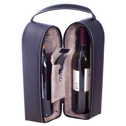 Bey-Berk Leather Wine Bottle Carrier Caddy Travel Tote Bag & Tool Set,Black