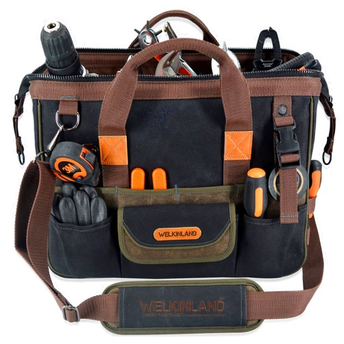 WELKINLAND 32-Pockets Waxed Canvas tool bag, Heavy-Duty Electrician tool bag, HVAC tool bag, Tool bag organizer, 16