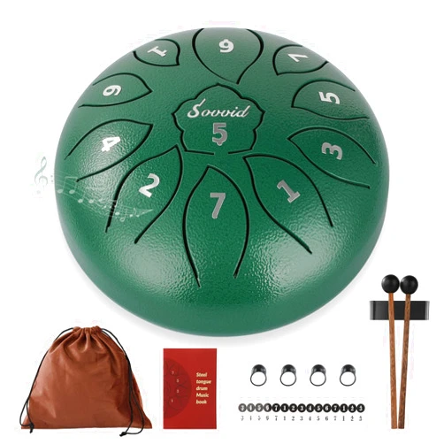 Sovvid Steel Tongue Drum, 6 Inch 11 Notes Tongue Drum with Bag, Drumsticks, Mallet Holder, Finger Picks and Music Book, Handpan Drum for Early Musical Education Zen Meditation Yoga -Emerald Green