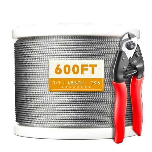 KALLSDY T316 Stainless Steel Cable 1/8 Inch, 7 x 7 Strands Construction, 600FT Wire Rope Aircraft Cable for Deck Cable Railing Kit and DIY Balustrades, Comes with a Cutter