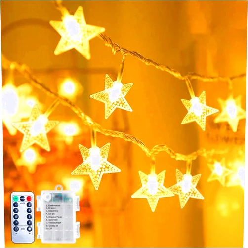 Brightown Star String Lights Battery Operated - 17 ft 50 LED Star Fairy String Lights with Remote and Timer, 8 Modes Waterproof for Bedroom Tent Loft Bed Patio Party Wedding Decor, Warm White