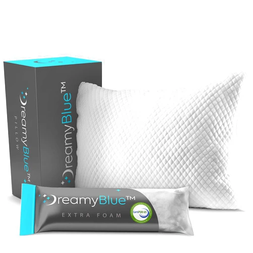 DreamyBlue Premium Pillow for Sleeping - Shredded Memory Foam Fill [Adjustable Loft] Washable Cover from Bamboo Derived Rayon - for Side, Back, Stomach Sleepers - CertiPUR-US Certified (Queen)