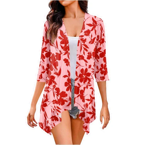 BeyXokBey 3/4 Sleeve Cardigans for Women Open Front Lightweight Cardigan Casual Trendy Loose Fit Draped Ruffles Cardigan