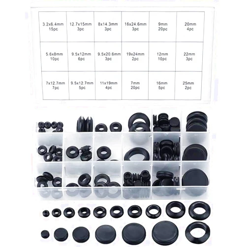 N\A 125PCS Rubber Grommet Assortment Kit 18 Sizes Black Rubber Grommet Electrical Conductor Gasket Ring Assortment Kit for Protecting Wires, Plugs and Cables