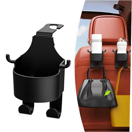 Ajxn 1 PC Car Seat Back Multi-function Hook, 3-in-1 Cup Holder Mobile Phone Holder Storage Hook for Coffee Backpack Umbrella, Rear Hanging Portable Organizer, Universal for Cars Trucks (Black)