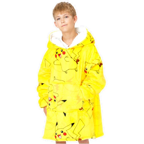 Pokemon Kids Blanket Hoodie Oversized Double Lined Sherpa Fleece Yellow Or Red