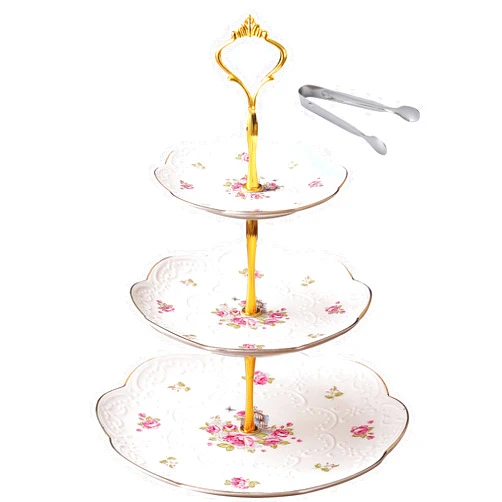 Jusalpha® Elegant Embossed 3-tier Ceramic Cake Stand- Cupcake Stand- Tea Party Pastry Serving Platter in Gift Box and a Free Sugar Tong (FL-Stand 03)