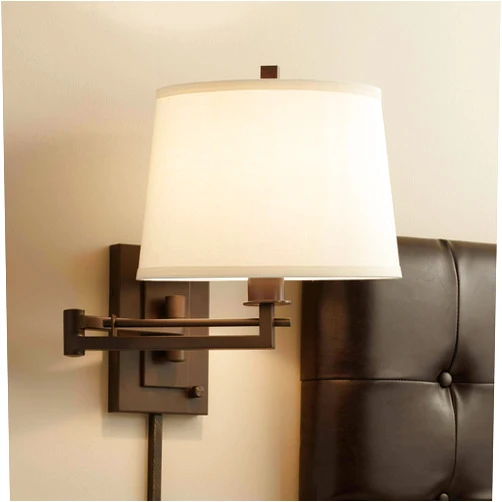 Franklin Iron Works Easley Modern Swing Arm Adjustable Wall Lamp with Cord Matte Bronze Brown Plug-in Light Fixture Dimmable Fabric Drum Shade for Bedroom Bedside Living Room Reading Kitchen