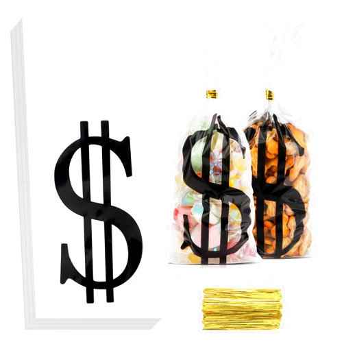 Vilnadu Money Treat Bags, Dollar Sign Candy Bags for Party Favors Supplies, 50 Pcs Money Bag Prop Cellophane Gift Bags with Twist Ties, Cookies Goodie Bags for Halloween Casino Pirate Birthday Decorations