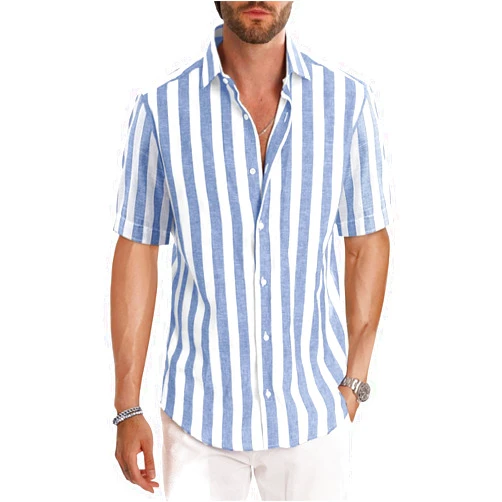 JMIERR Men's Casual Stylish Short Sleeve Button-Up Striped Dress Shirt Cotton Beach Shirts