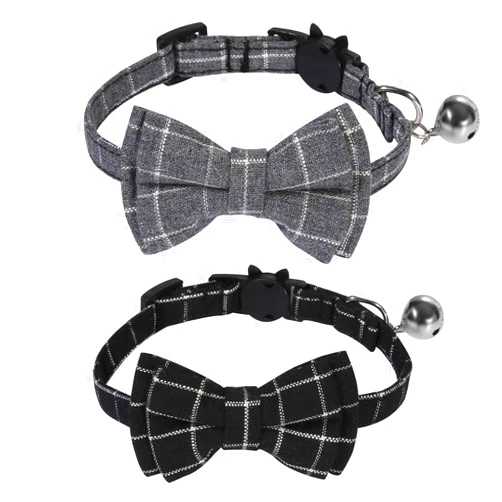 SLSON 2 Pack Breakaway Cat Collar with Bell and Bow Tie Plaid Kitten Collar for Cats and Small Dogs Pets Adjustable from 8-11In, Black and Grey